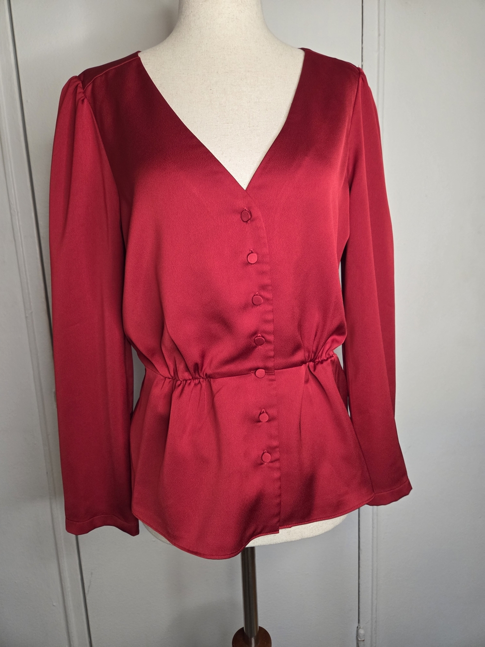 J. Crew Red Satin V-Neck Button-Front Blouse with Elastic Waist